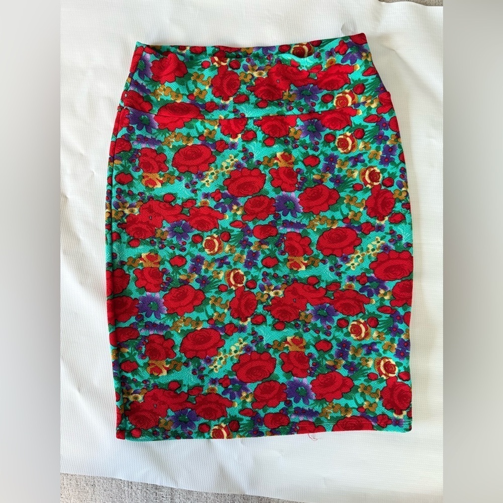LuLaRoe Cassie Red and Blue/Green Floral Pencil Skirt